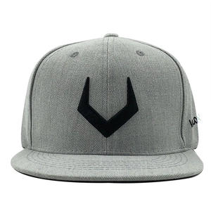 Gray snapback hat with black geometric embroidery and flat brim in street hip hop style