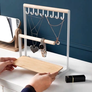 Japanese style white iron jewelry stand with wooden base for necklaces and watches