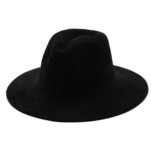 Close-up of black chenille jazz fedora hat showing textured knit fabric and wide brim
