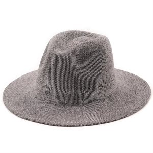 Classic grey knit fedora hat with fine chenille texture and wide brim for men and women