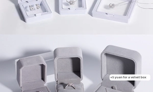 Elegant jewelry packaging set including grey velvet gift boxes and white PE film display cases