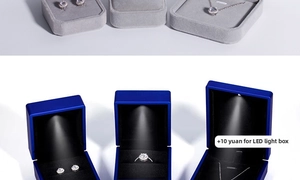 Macro shot of luxury navy blue LED ring box with black velvet lining for jewelry