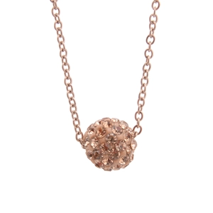 Detailed close-up of rose gold O-chain necklace with champagne crystal paved sphere