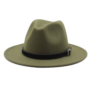 Detail of olive green fedora hat featuring a premium black leather belt and metal buckle
