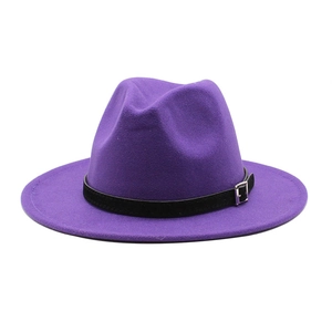 Close-up of purple wide brim wool fedora hat featuring a black leather belt and silver buckle