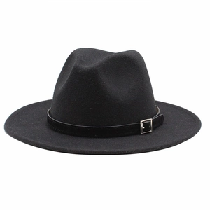 Detailed view of the black wool fedora featuring a leather band and metal belt buckle