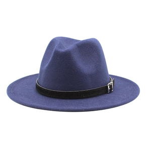 Detailed close-up of navy blue wool fedora hat with a classic black leather belt buckle band
