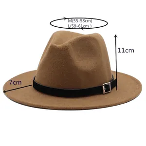 Wool Felt Fedora Hat For Women Men Wide Flat Brim Jazz Hat With Black Belt Buckle Solid Color Western Style Panama Cap