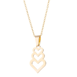 Detail of a gold heart pendant necklace featuring three interlocking hearts on a fine chain