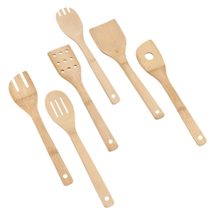 6-piece natural bamboo cooking utensil set with spatulas and spoons on white background