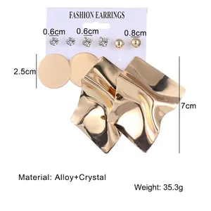 6-pair set of gold geometric metal earrings and crystal studs with size dimensions
