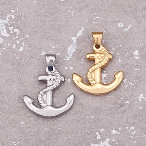 Navy style anchor cross pendants in gold and silver stainless steel with rope detail