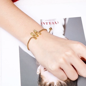 Gold Plated Stainless Steel Adjustable Alphabet Bracelet For Women Men Bamboo Texture Initial Letter Heart Charm Jewelry