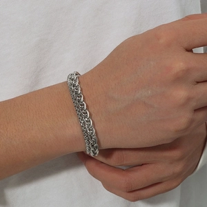 Men's double layer stainless steel chain bracelet with box and pearl link design