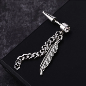 Silver wing ear stud with chain tassel and sparkling zircon crystal on black leather