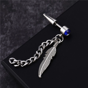 Silver punk wing stud earring with blue gemstone and dangling chain with feather