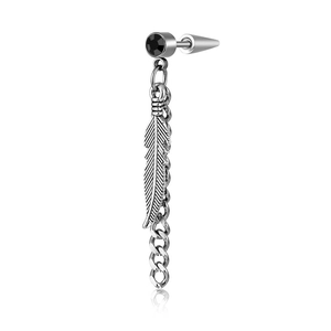 Detail of silver wing earring with black gemstone, punk metal chain, and feather charm