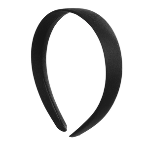 Detailed close-up of a smooth black satin-wrapped headband for Halloween costume decoration
