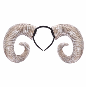 Macro detail of realistic textured ram horns on a Halloween cosplay headband