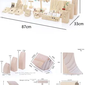 Detailed view of wooden jewelry display set with dimensions for necklaces and rings