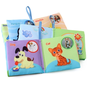 Educational baby cloth books featuring animals and vehicles with blue hanging rings