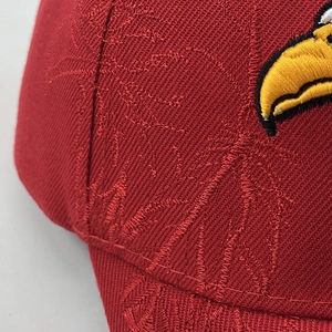 Detailed close-up of eagle head embroidery on red cotton twill baseball cap fabric