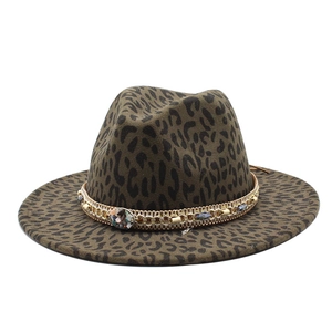 Leopard Print Fedora Hat Wool Felt Wide Flat Brim Ethnic Band Metal Chain Wood Bead Decor Unisex Retro Jazz Hat