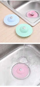 Press-type silicone sink filter plug in pink, blue, and green for kitchen and bathroom
