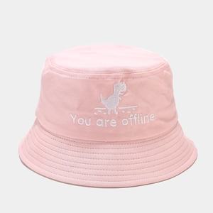 Detail of white You Are Offline embroidery and pixel dinosaur on a pink cotton bucket hat