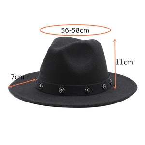 Classic black wool fedora with rhinestone band and wide flat brim, 56-58cm size