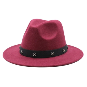 Classic burgundy wool fedora hat with black band and sparkling rhinestone embellishments