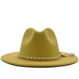 Fedora Hat For Women Wool Felt Wide Brim Retro Jazz Cap With Artificial Pearl Metal Chain And Tassel Decoration Elegant British Style