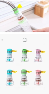 Close-up of kitchen faucet aerator showing water flow and multi-color filter options