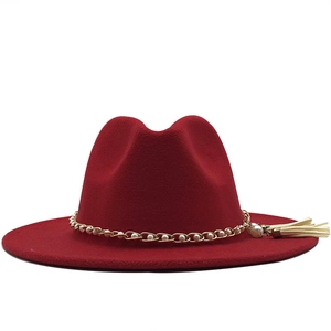 Elegant wide-brim dark red wool fedora hat with pearl chain and tassel detail