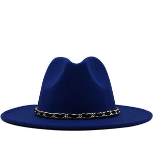 Royal blue wool fedora hat for women with elegant gold and black metallic chain trim