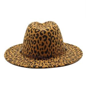 Detail of wool leopard print fedora hat with brown leather band and decorative beads