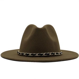 Brown wide brim wool fedora hat with black and gold chain band detail