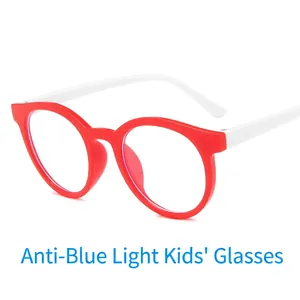 Retro round anti-blue light kids glasses with red frames and white temples
