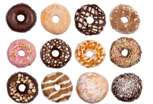 Top view of twelve varied donuts with chocolate and strawberry icing in a grid layout
