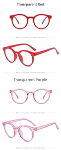 Detail view of transparent red and purple round frame glasses for children