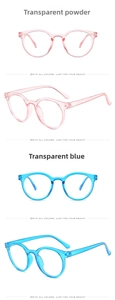 Front and side views of children's round blue light glasses in pink and blue transparent frames
