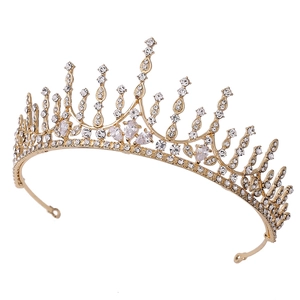 Elegant gold bridal tiara with geometric cubic zirconia and pear-shaped crystals