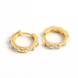 S925 sterling silver gold hoop earrings with rectangular baguette zircons on white backdrop