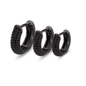 Three sizes of black plated hoop earrings set with micro-paved black cubic zirconia