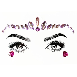 Detail of purple acrylic crystal face gems showing forehead and under-eye jewel arrangement