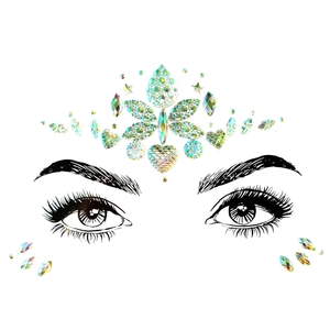 Detailed close-up of iridescent crystal face stickers in floral crown pattern on illustration
