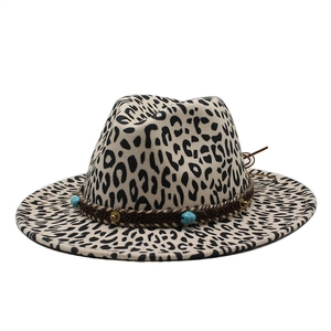 Wide brim leopard print fedora with turquoise beads and woven band detail