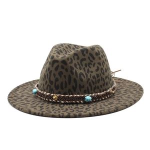 Leopard print wide brim fedora hat with ethnic woven band and turquoise bead accents