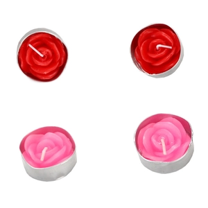 Candele tea light a forma di rosa romantica in rosso e rosa con base in metallo