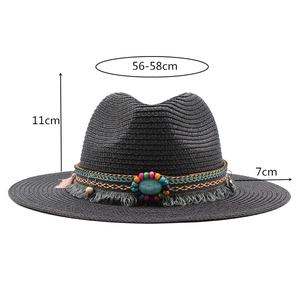 Men's fedora straw hat with colorful beads, turquoise stone and 7cm sun protection brim